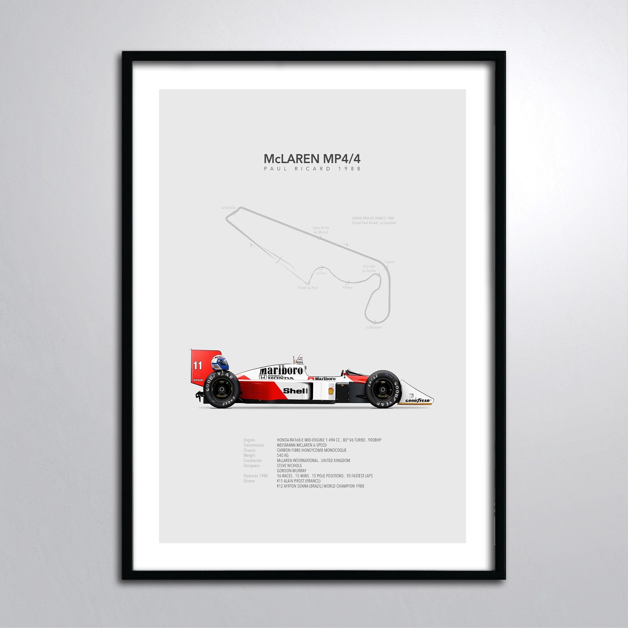 Постер в раме/Ален Прост F1 Alain Prost 11 номер Мclaren mp4/1