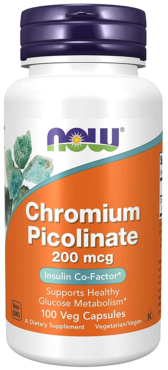 Пиколинат хрома, 200 мкг NOW Chromium Picolinate, 100 растительных капсул — фото 1
