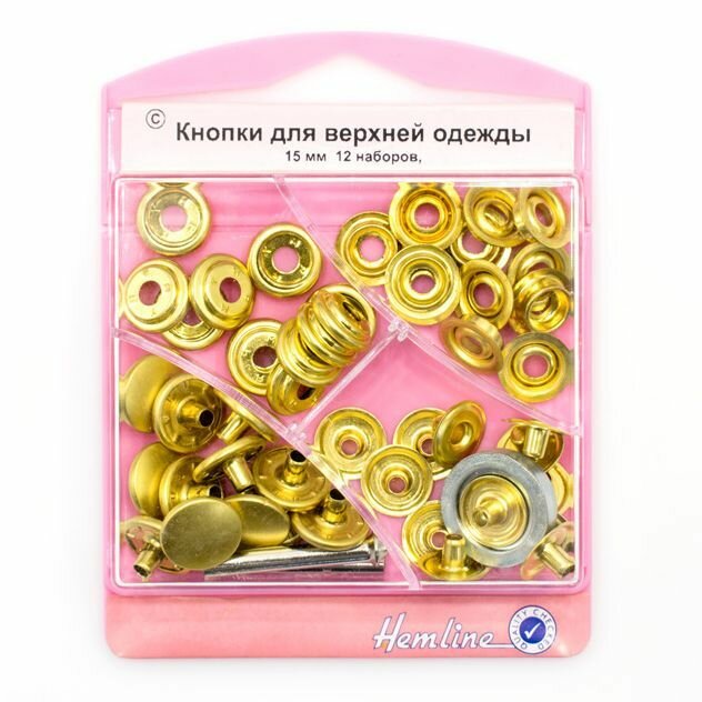 Кнопки HEMLINE Для верхней одежды, с инструментом для установки, золотистые, 12 пар