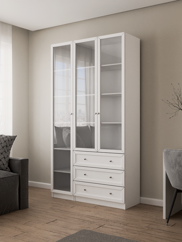 Изображение товара Книжный шкаф Brams - 3 с ящиками | Корпус ЛДСП Белый | Фасад рамка Белая