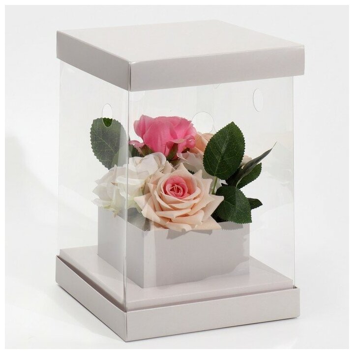 Дарите Счастье Коробка подарочная для цветов с вазой и PVC окнами складная, упаковка, «Серая», 16 х 23 х 16 см