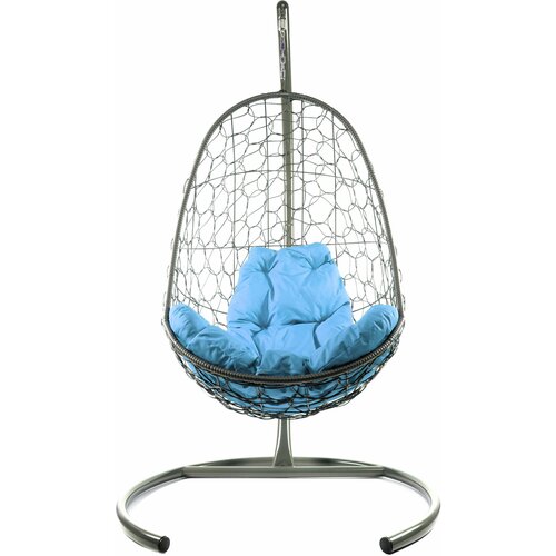 Подвесное кресло ротанг серое, голубая подушка