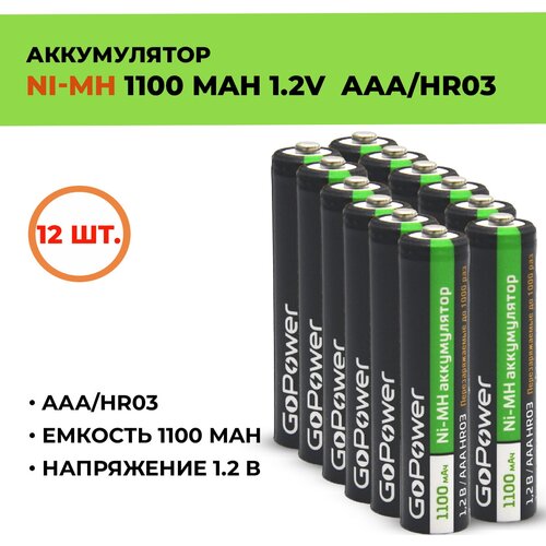 12шт. Аккумулятор GoPower 1100 мАч, ААА/HR03, 1.2 В