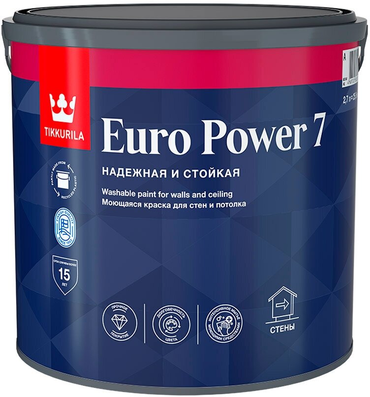 Краска моющаяся Tikkurila Euro Power 7 база А белая 2,7 л