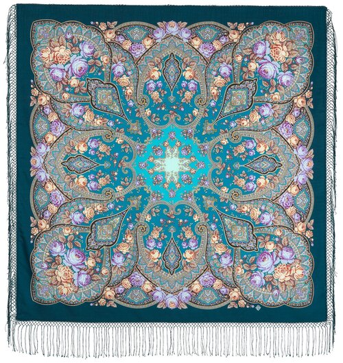 Платок Павловопосадская платочная мануфактура, 135х135 см, коралловый, голубой