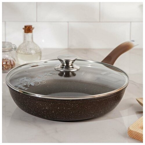 Сковорода d 26 см h 6 см пластиковая ручка стеклянная крышка антипригарное покрытие цвет кофейный мрамор 3992₽