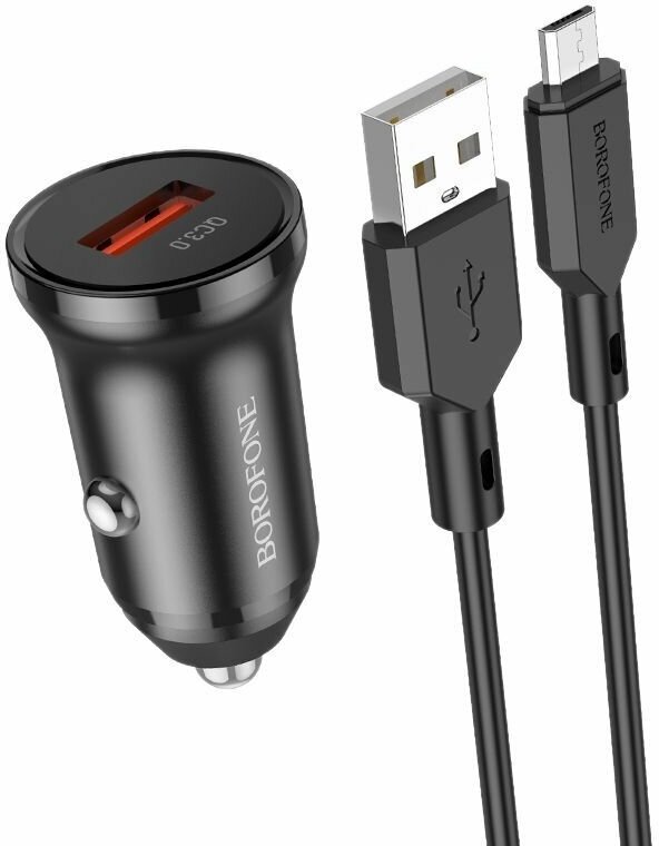 Зарядное устройство автомобильное USB + кабель Micro USB (QC3.0, 3000mA) BOROFONE BZ18 Черное