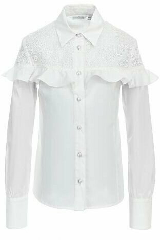Нарядная белая блузка с кружевной кокеткой и воланом, SSFSG-829-23018-200, Silver Spoon, школьная форма, детская блузка для девочек, размер 146 белый