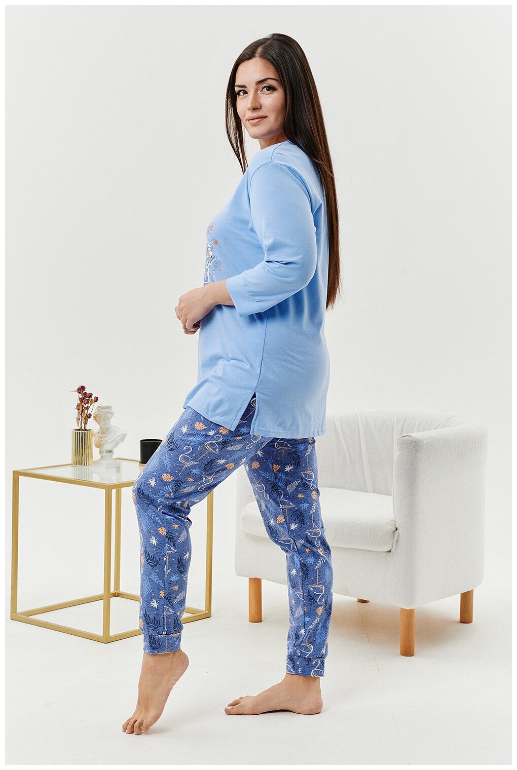 Женский домашний костюм/ пижама ( футболка+ брюки) в голубом цвете, размер 48 - фотография № 6