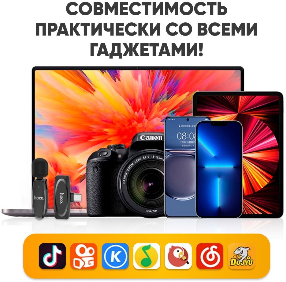 Микрофон петличный беспроводной, петличка для телефона/для записи видео, с ветрозащитой, Type-C hoco L15, черный — фото 1