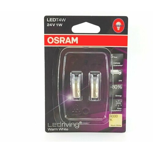 Светодиодная лампа OSRAM 3924WW-02B T4W 24V-LED (BA9s) 4000K 1.0W Warm White LEDriving premium (блистер 2шт.)