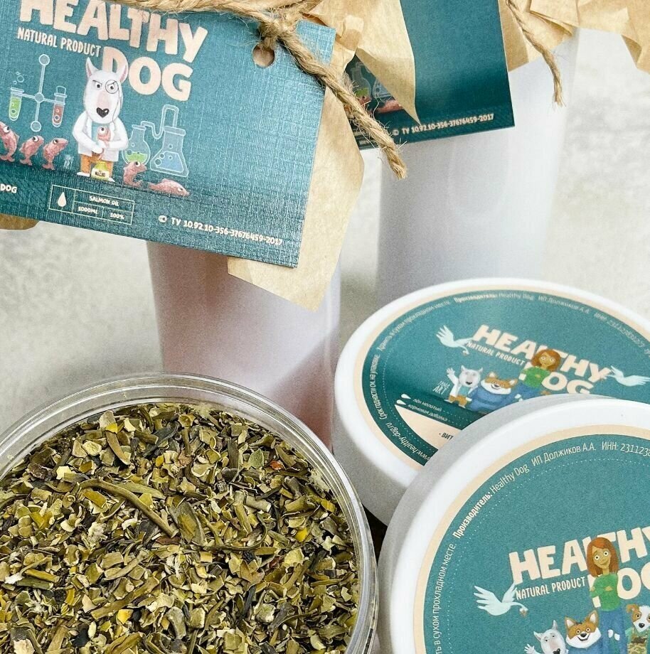 Лакомства для собак Healthy Dog ,Набор витаминов #9 Ламинария 150г , Лососевое масло 250мл , Масло сельди 250мл - фотография № 2