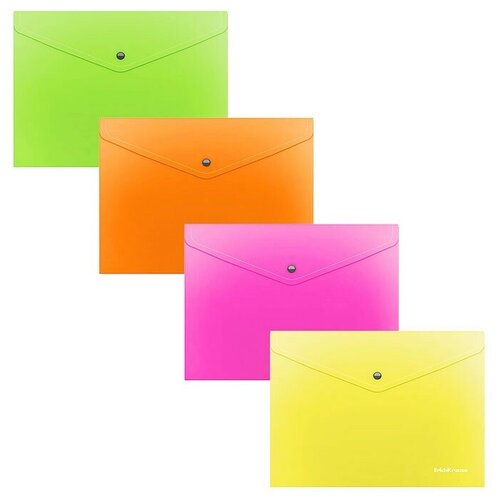 Папка-конверт на кнопке пластиковая Glossy Neon, полупрозрачная, C6, ассорти