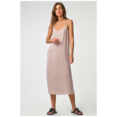 фото Fly платье-комбинация шелковое миди на подкладке бежевое 42 р