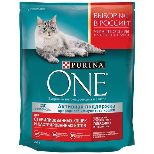 Корм сухой для взрослых кошек PURINA ONE с высоким содержанием говядины и пшеницей, для стерилизованных и кастрированных, 750г, 4 упаковки