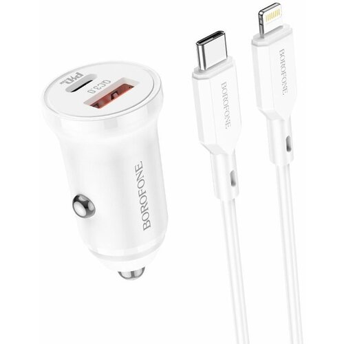 Зарядное устройство автомобильное USB + кабель iOS Lightning - Type-C (PD20W+QC3.0, 3000mA) BOROFONE BZ18A Белое зарядное устройство автомобильное usb pd20w qc3 0 3000ma borofone bz18a белое