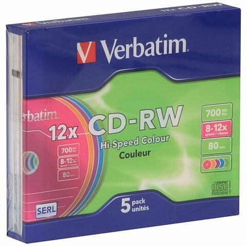 Диск Verbatim Диск CD-RW 700МБ 8x-12x Verbatim 43167, Slim, цветные (5шт./уп.)