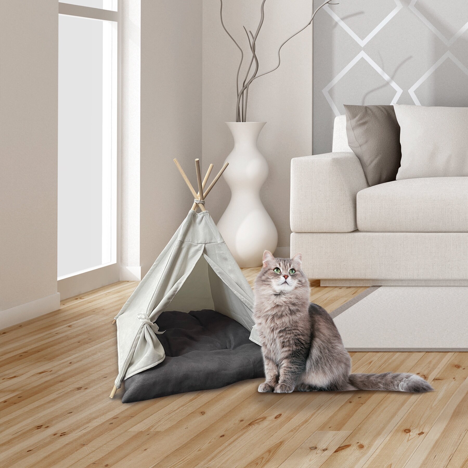 Домик для животных. Вигвам-палатка для кошек и собак с лежанкой белый - фотография № 4
