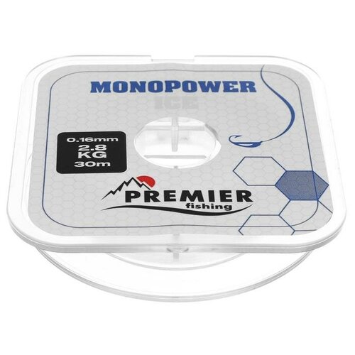 premier fishing леска premier fishing monopower match blue 0 40 мм 100 м Леска PREMIER fishing MONOPOWER ICE, диаметр 0.16 мм, тест 2.8 кг, 30 м, нейлон, прозрачная