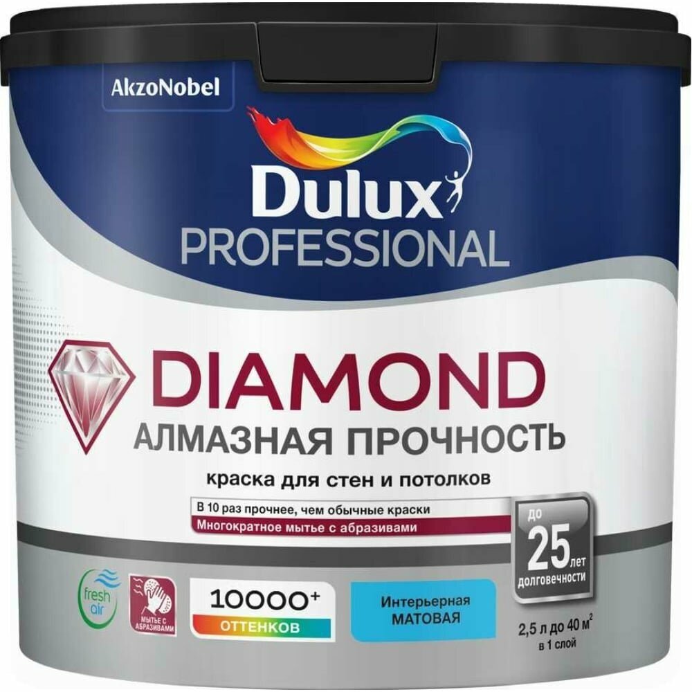 Краска для стен и потолков DULUX DIAMOND MATT износостойкая моющаяся матовая база BW 25 л 5717513