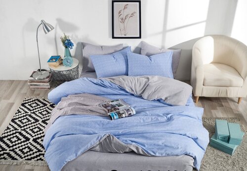 Комплект постельного белья CARWEN, Турция, хлопок 100%, евро, однотонный/двухсторонний, меланж голубой/темно-серый