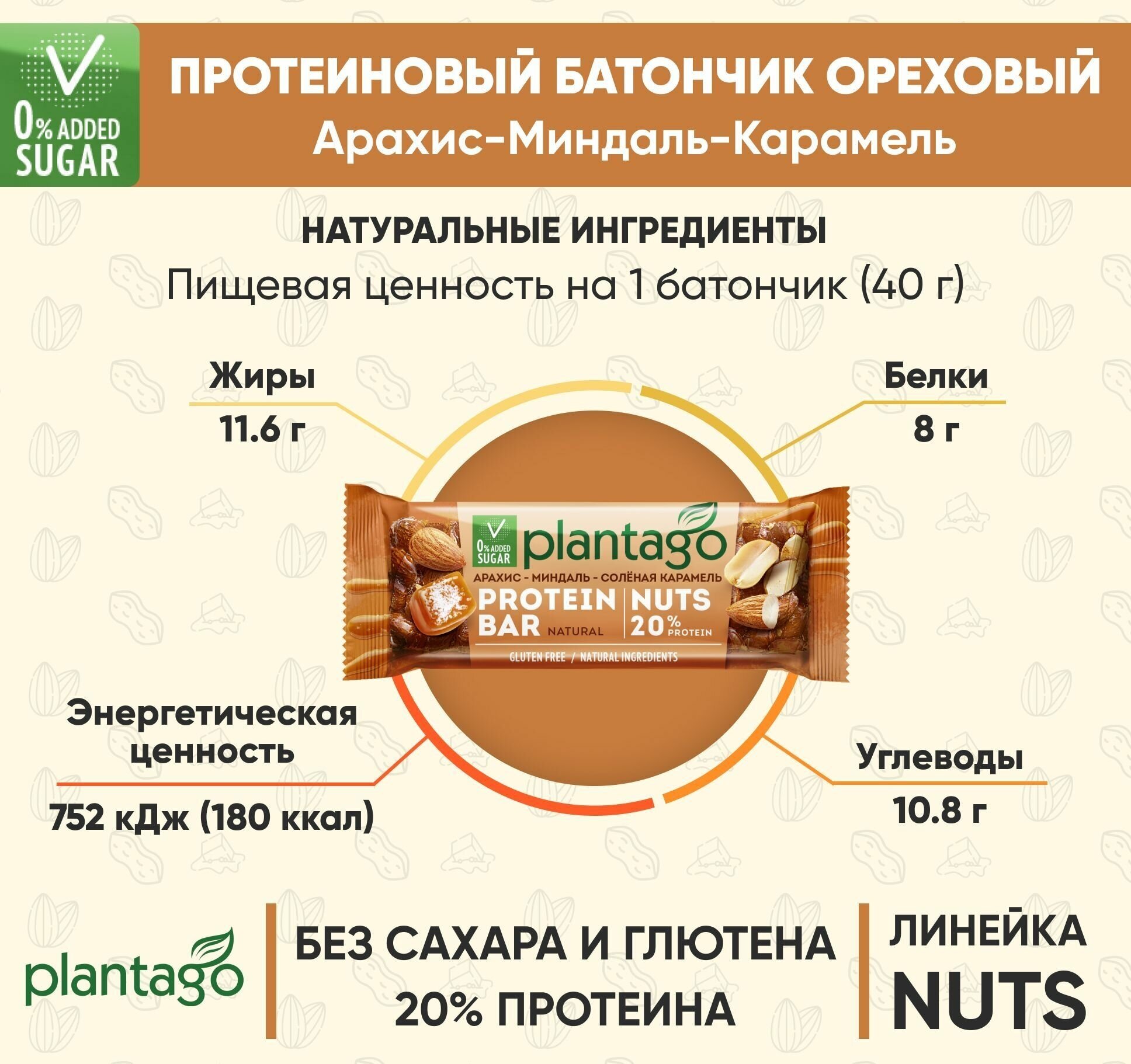 Протеиновые батончики Plantago с орехами (20% белка) Арахис-Миндаль-Солёная карамель 12 шт по40 гр / без сахара / снеки - фотография № 5