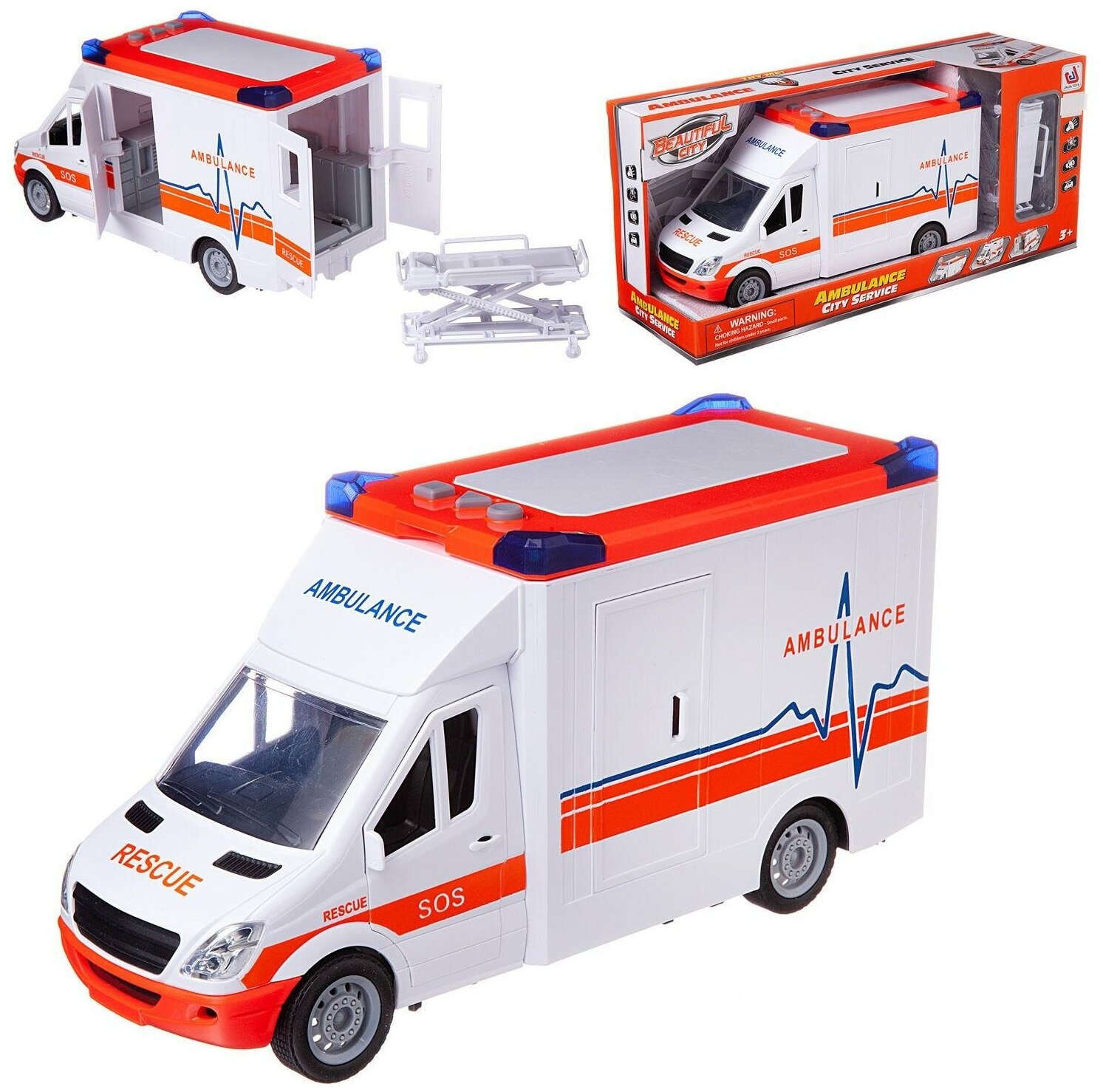 Машинка "Скорая помощь", с открывающими дверцами, складной каталкой для перевозки больного, со световыми и звуковыми эффектами, 39x12x18