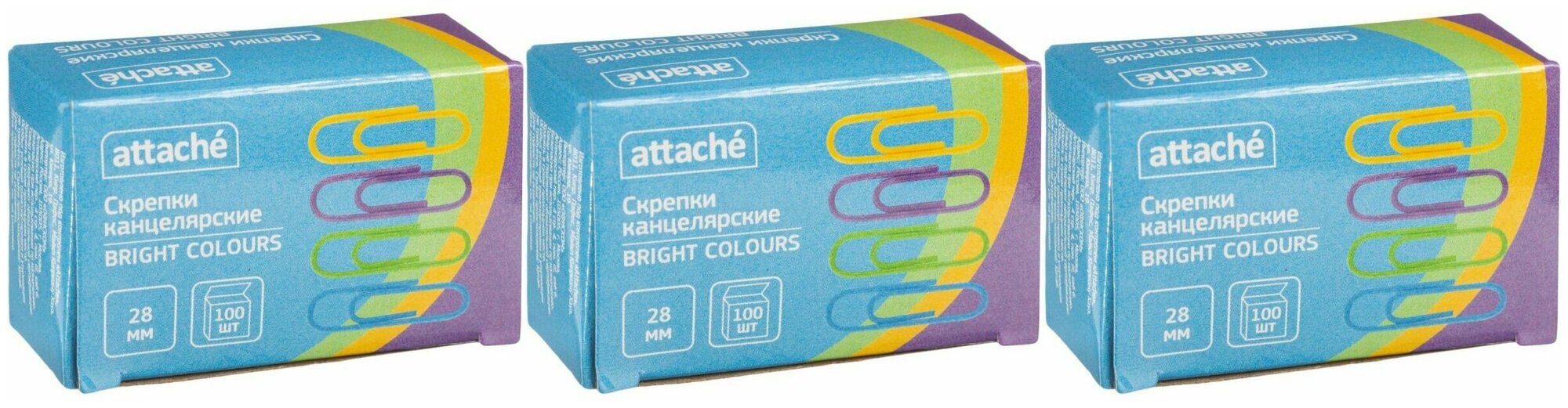 Attache Скрепки Bright Colours 28 мм 100 шт, 3 уп
