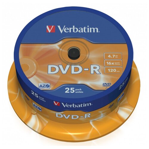 Носители информации DVD-R, 16x, Verbatim Azo Matt Silver, Cake/25, 43522 оптический диск dvd r verbatim 4 7гб 16x 25шт cake box printable [43538]