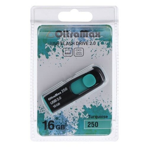 Флешка OltraMax 250, 16 Гб, USB2.0, чт до 15 Мб/с, зап до 8 Мб/с, бирюзовая флешка oltramax 250 64 гб usb2 0 чт до 15 мб с зап до 8 мб с бирюзовая