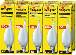 Лампа накаливания Navigator 94 335 NI-FC, свеча на ветру, 60 Вт, цоколь Е14, упаковка 10 шт.
