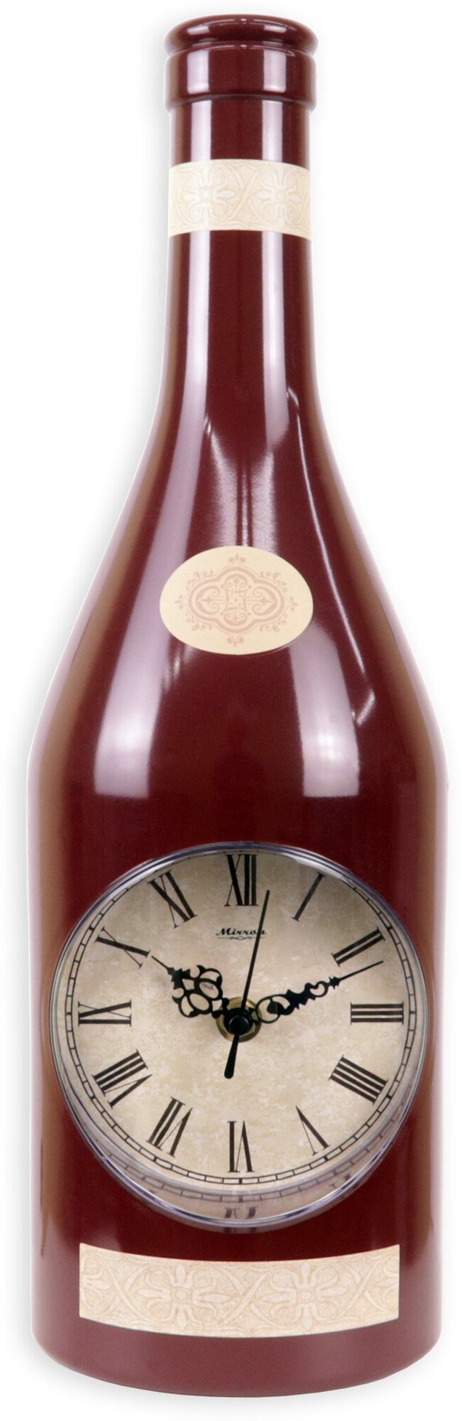 Кухонные настенные часы MIRRON 121-175 БР/Часы в форме бутылки/Бордовый цвет корпуса/Тематические часы/Оригинальные часы на кухню/Циферблат с римскими цифрами