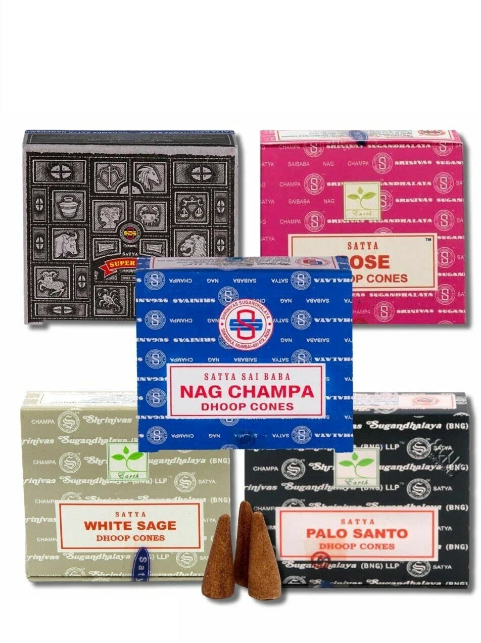 Набор Satya Микс - 5 упаковок по 12 шт - ароматические благовония, конусовидные, конусы с подставкой, Mix aroma - Сатия, Сатья