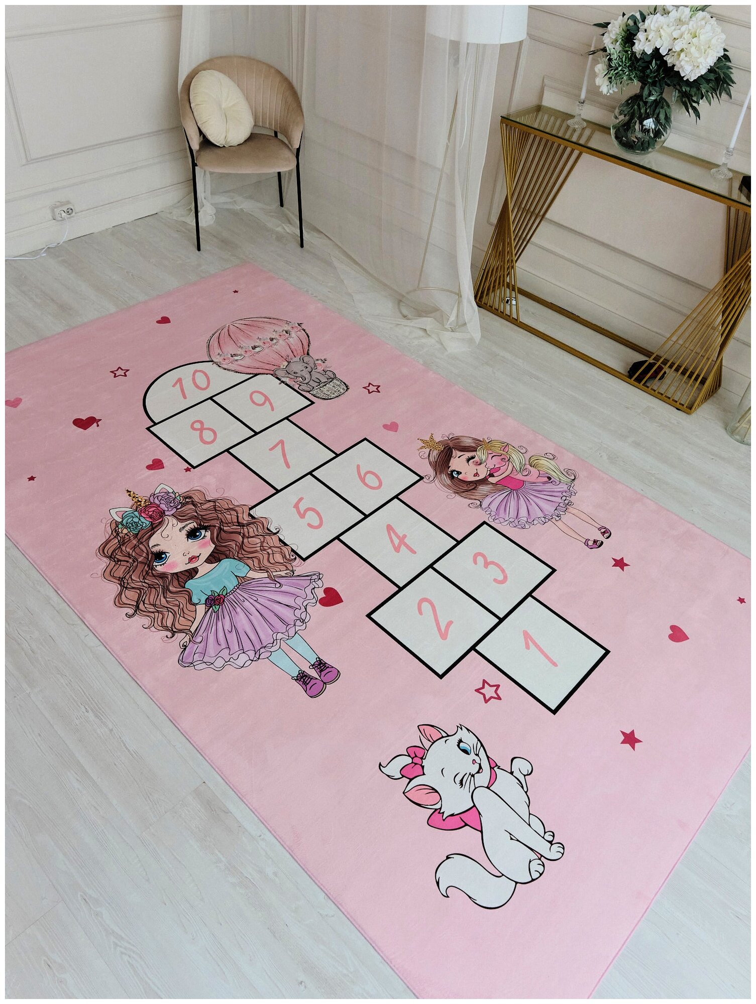 Ковер в детскую KIDS RUGS коврик для девочки с классиками, безворсовый, микрофибра, розовый 175х300 см. - фотография № 7