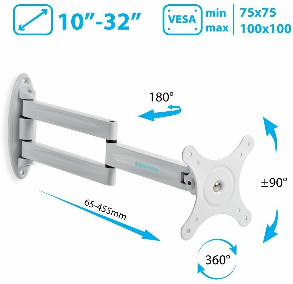 Кронштейн для телевизора на стену / крепление наклонно-поворотное Kromax TECHNO-11 / до 32 дюймов / vesa 100x100