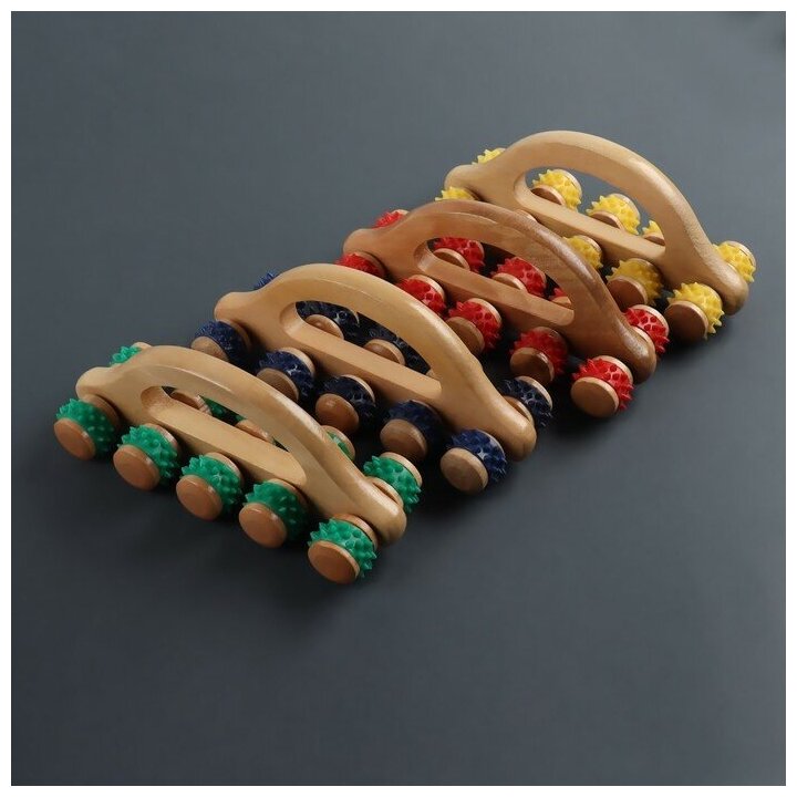 Массажёр с шипами «Гусеница», 18 × 6 × 7 см, универсальный, с ручкой, 10 колёс, цвет микс - фотография № 5
