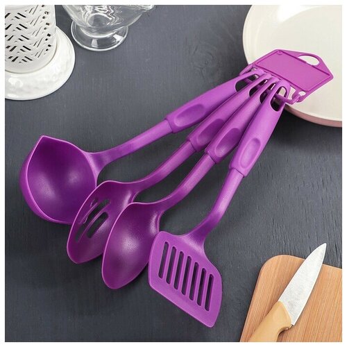 фото Набор кухонных принадлежностей "радуга", 4 предмета, цвет фиолетовый доляна