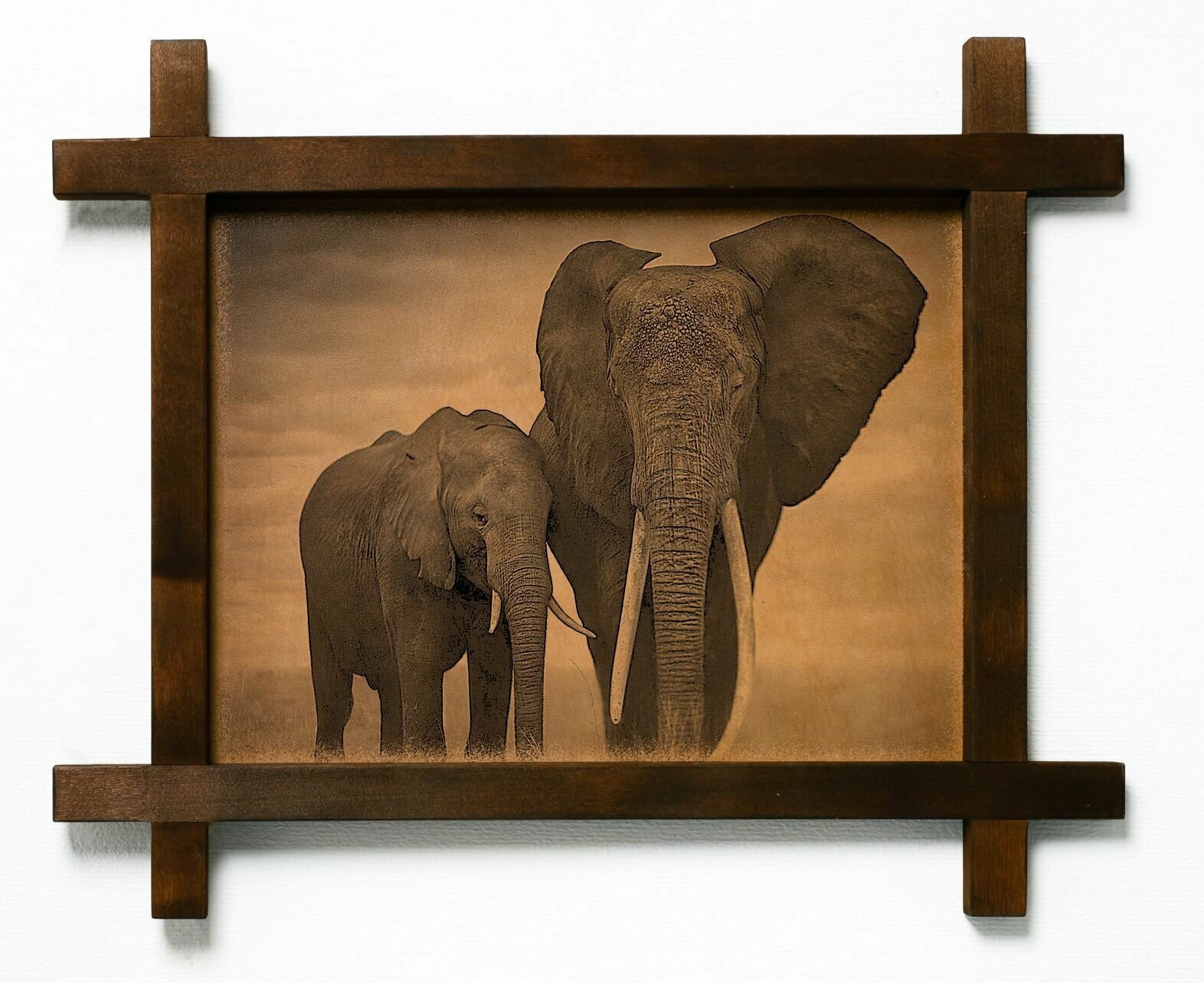 Картина "Слоны", интерьерная для украшения и декора на стену кухни гостиной детской комнаты спальни в деревянной рамке, подарок, натуральная кожа, BoomGift