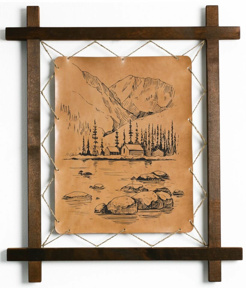 Картина "Горы", интерьерная для украшения и декора на стену кухни гостиной детской комнаты спальни в деревянной рамке, подарок, натуральная кожа, BoomGift