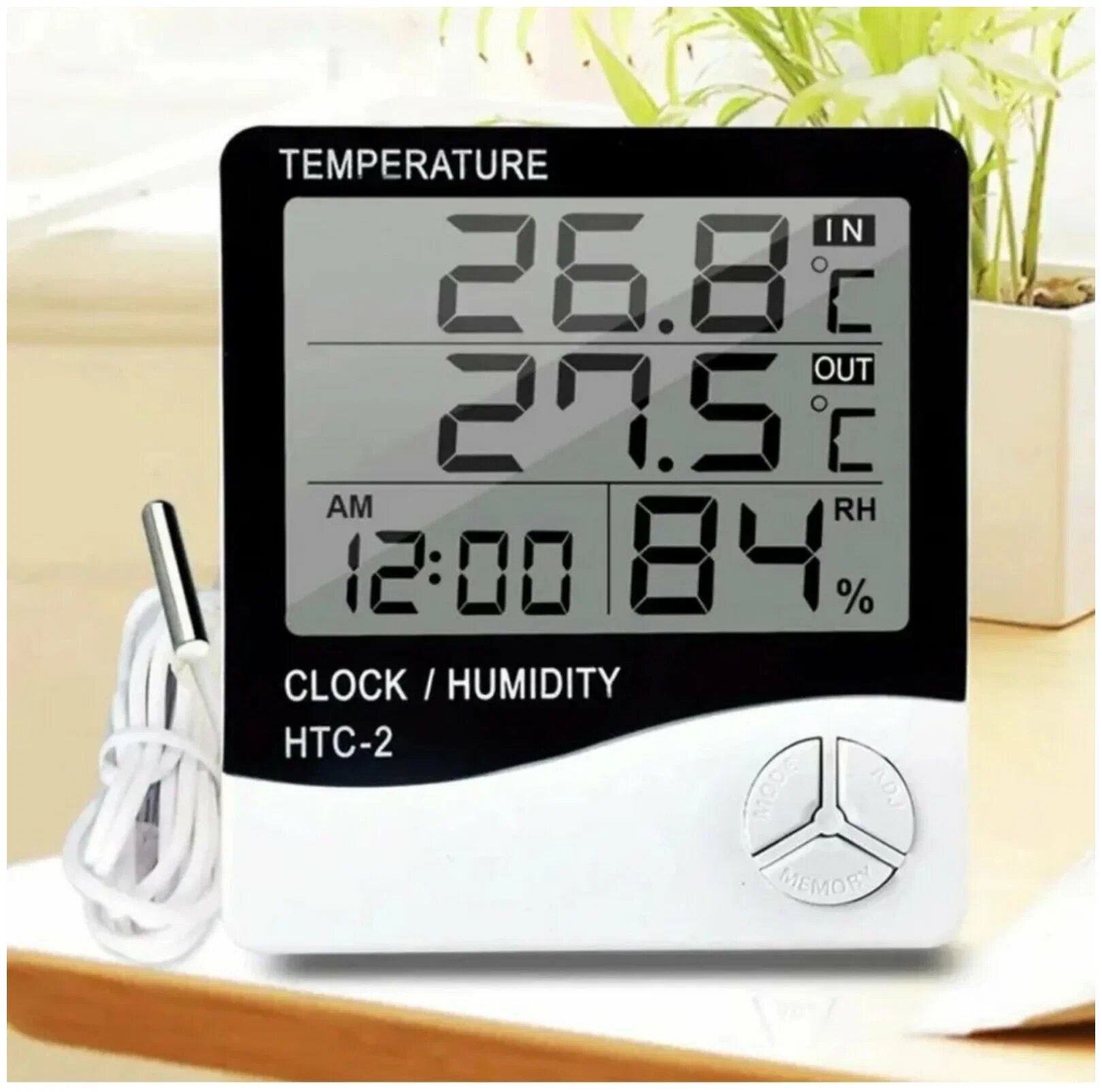 Термометр-гигрометр цифровой электронный комнатный НТС-2 /Погодная станция для измерения температуры и влажности/Часы/Будильник c выносным датчиком - фотография № 1