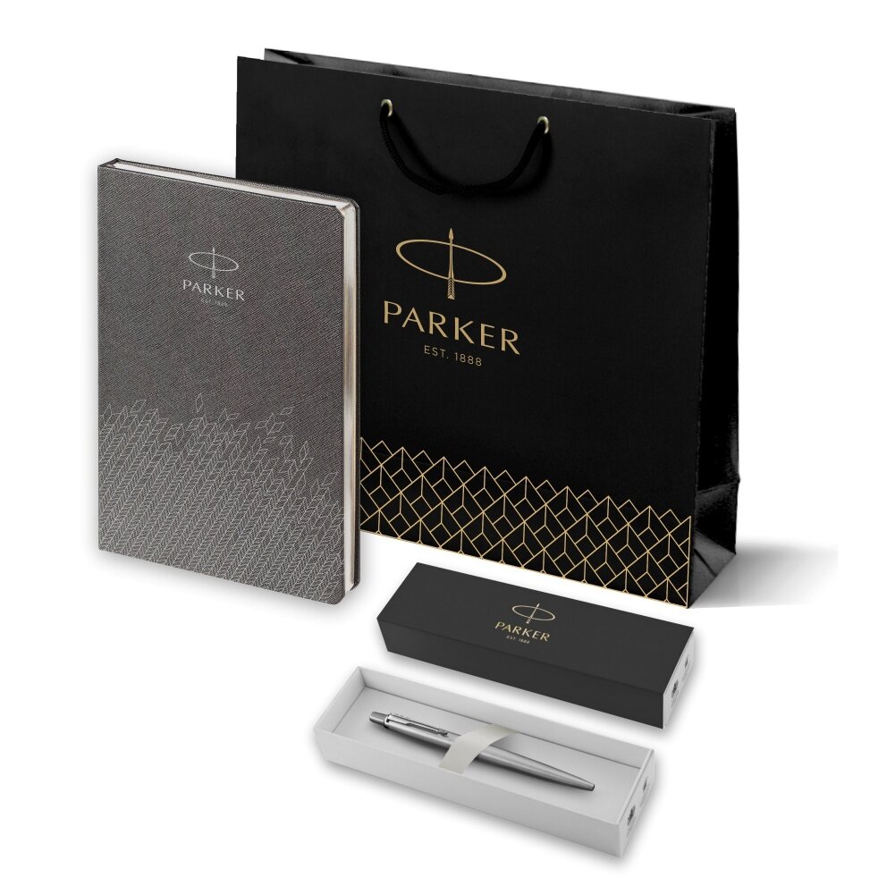 Подарочный набор: Шариковая ручка Parker Jotter Essential, St. Steel СT и серый ежедневник с логотипом
