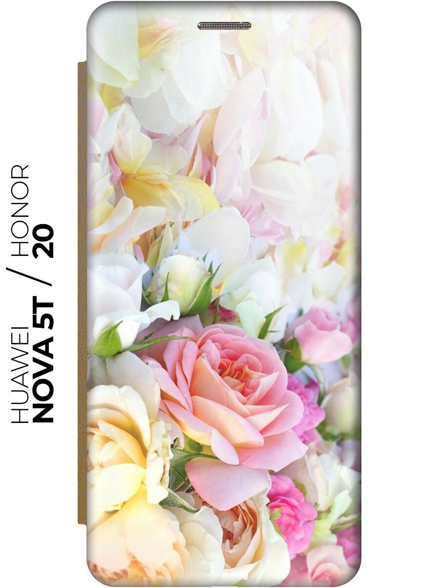 Чехол-книжка Нежные розы на Honor 20 / Huawei Nova 5T / Хонор 20 / Хуавей Нова 5Т золотой