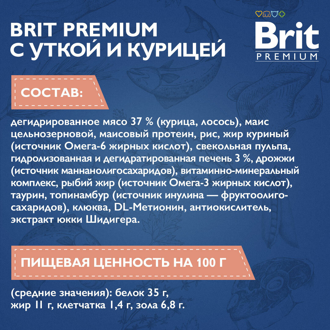 Сухой корм для стерилизованных кошек Brit Premium Sterilised с лососем и курицей 2 кг