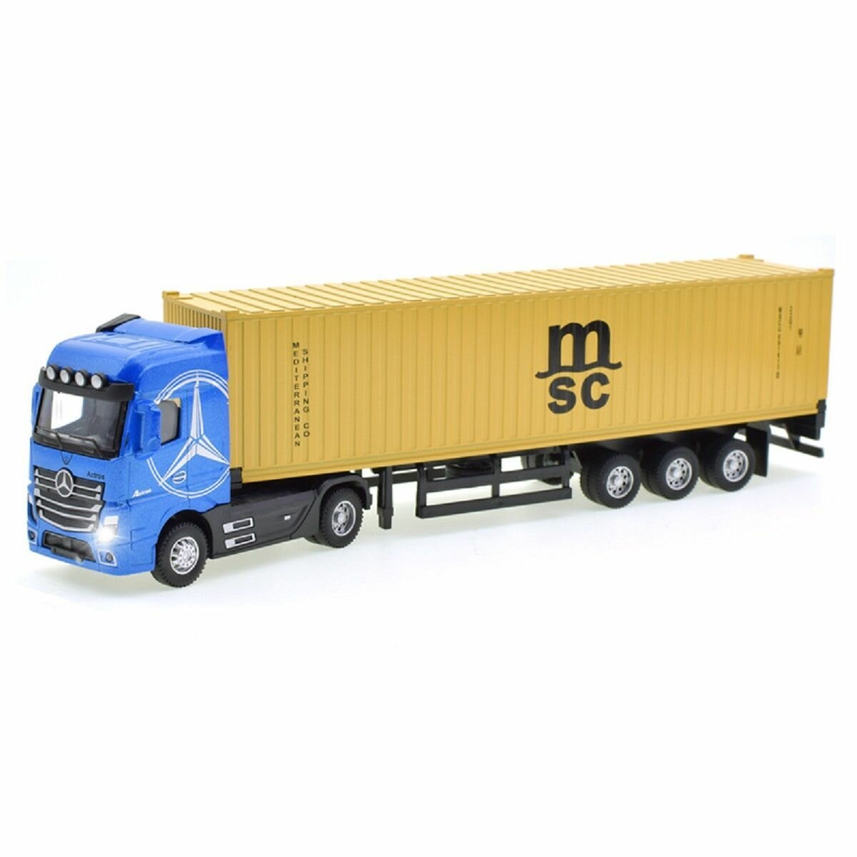 Модель грузовика тягач Мерседес с прицепом-контейнером, инерционная, свет-звук, 1:43, 31 см.