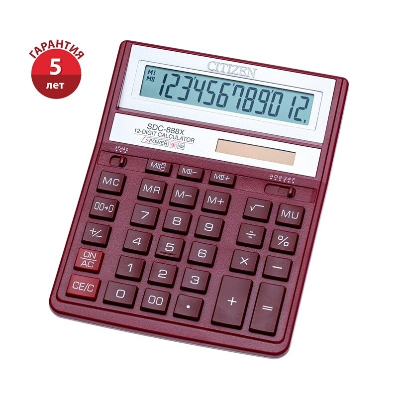 Калькулятор настольный Citizen полноразмерный, бухгалтерский, 12 разрядов, бордовый (SDC-888XRD)