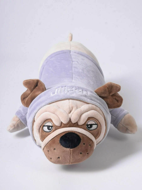 Мягкая игрушка подушка плюшевый длинный Мопс в одежде / Собака батон в фиолетовом