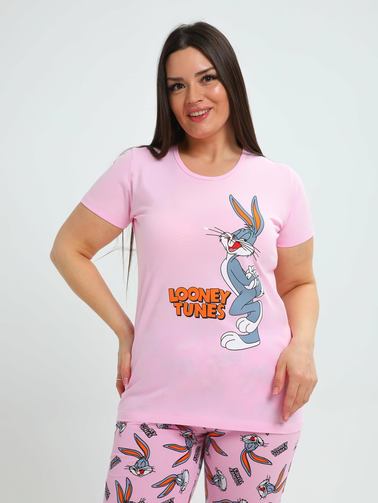 Пижама женская с бриджами хлопок домашний костюм Кролик розовый 54р - фотография № 7