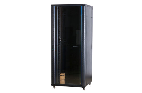 Рэковая стойка Wize Pro [W32U80R] 19, 32U, 600х800 мм, стеклянная передняя дверь, задняя дверь - металл, вент. панель с 2 вентиляторами, колеса, рэковые гайки: 20 шт, макс. вес нагрузки 800 кг, сталь, черный (2 места)