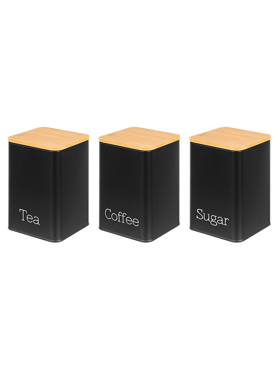 Набор 3 банок для хранения сыпучих продуктов / кофе / чая / сахара 1,1 л "Tea, coffee, sugar" , металл, черный с бамбук. крыш