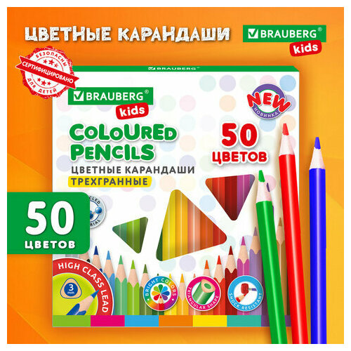 Карандаши цветные BRAUBERG KIDS NEW 50 цветов трехгранный корпус грифель 3 мм 182004 635₽